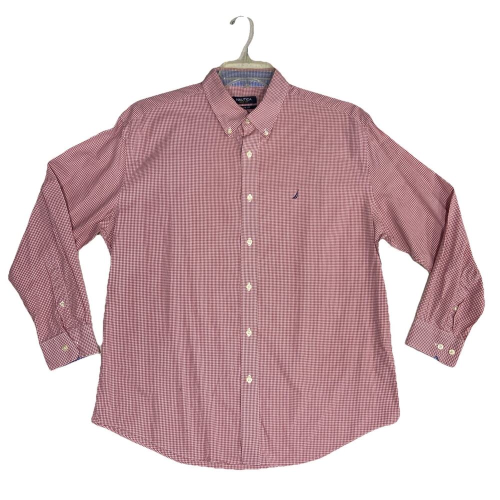 Nautica Mens Size 16.5 32/33 Classic Fit Red White Navy Button Up Shirt